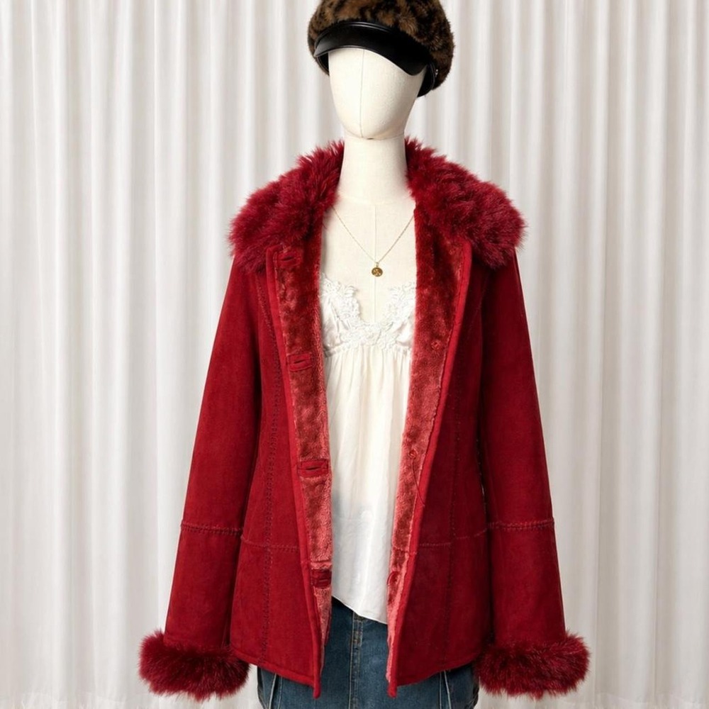 Vintage Y2K Pizazz Red Faux Fur Trim Coat